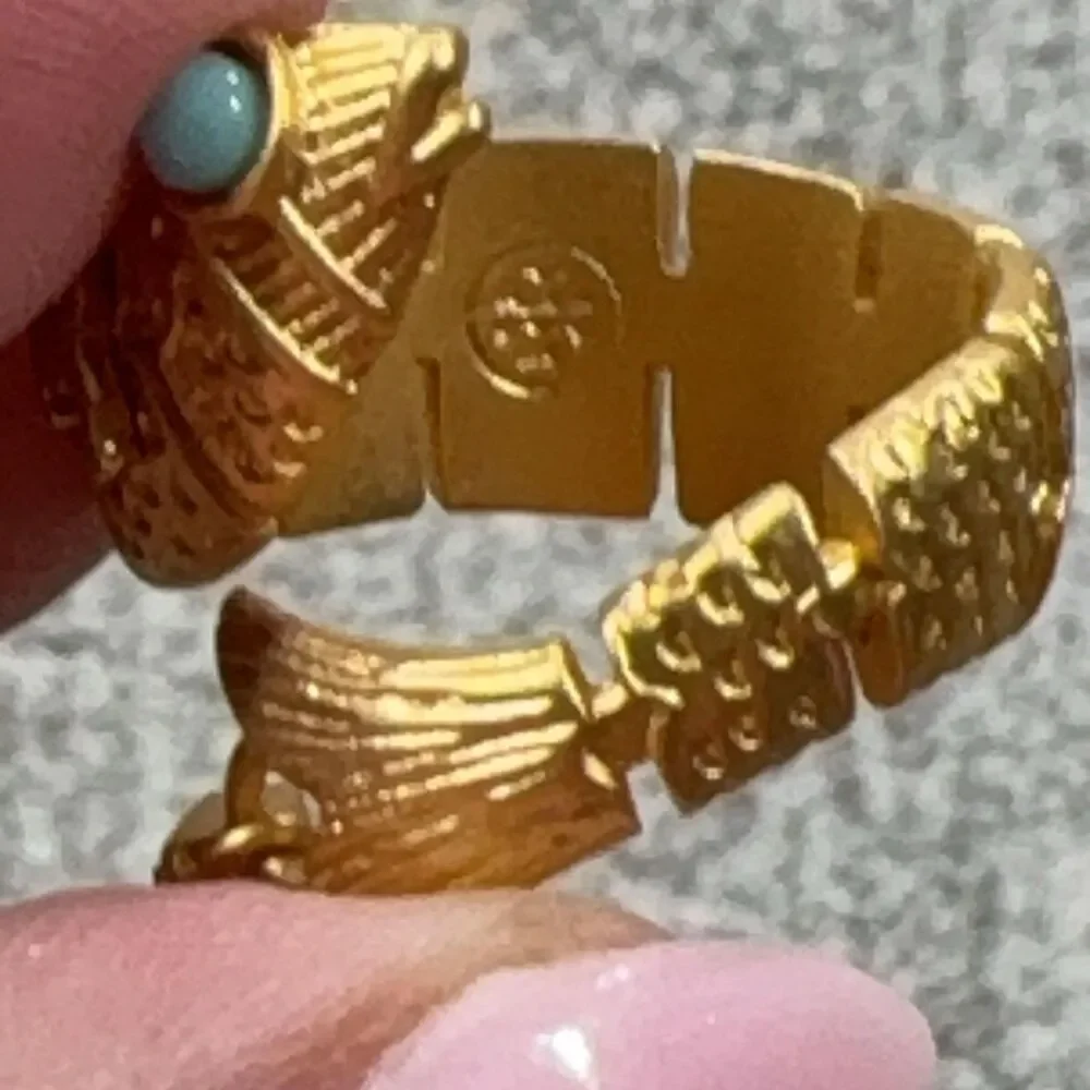 Tory Burch Ring 8 Gold Tone Fish Wrap Coastal Green Womens Jewelry Signed